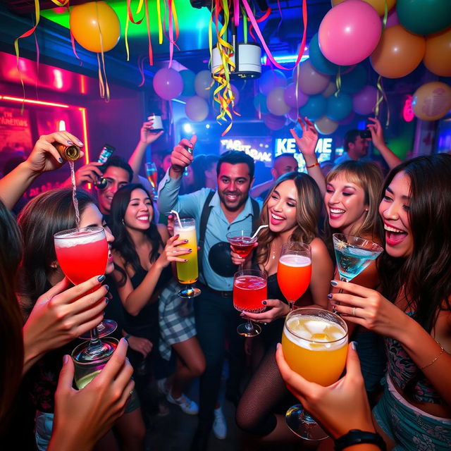 A vibrant and lively party scene with people celebrating with freely flowing drinks, colorful cocktails being poured into glasses, and a joyful atmosphere