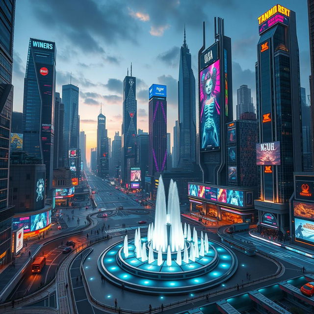 A futuristic cityscape with an array of towering skyscrapers, each uniquely designed with neon accents and holographic advertisements