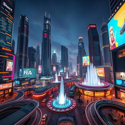 A futuristic cityscape with an array of towering skyscrapers, each uniquely designed with neon accents and holographic advertisements