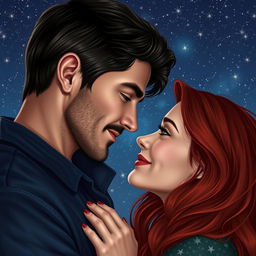 A super realistic depiction of two lovers with their faces close together, set against a starry night sky background