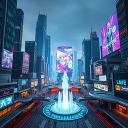 A futuristic cityscape with an array of towering skyscrapers, each uniquely designed with neon accents and holographic advertisements