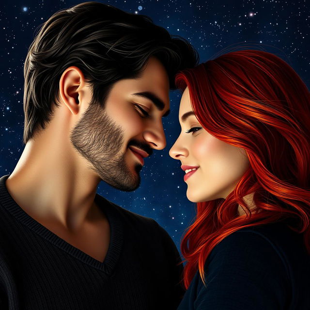 A super realistic depiction of two lovers with their faces close together, set against a starry night sky background