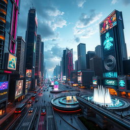 A futuristic cityscape with an array of towering skyscrapers, each uniquely designed with neon accents and holographic advertisements