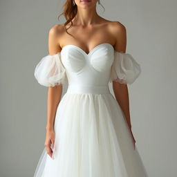 A stunning, long dress with a heart-shaped bust and delicately puffed, off-shoulder sleeves