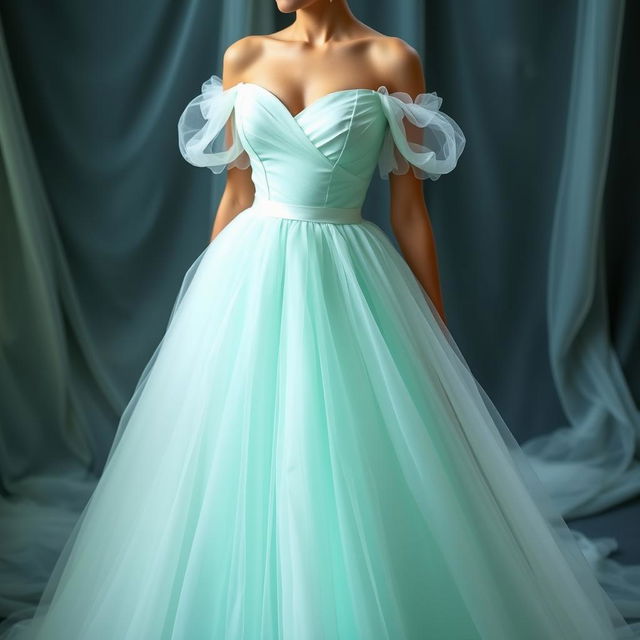 A stunning, long dress with a heart-shaped bust and delicately puffed, off-shoulder sleeves