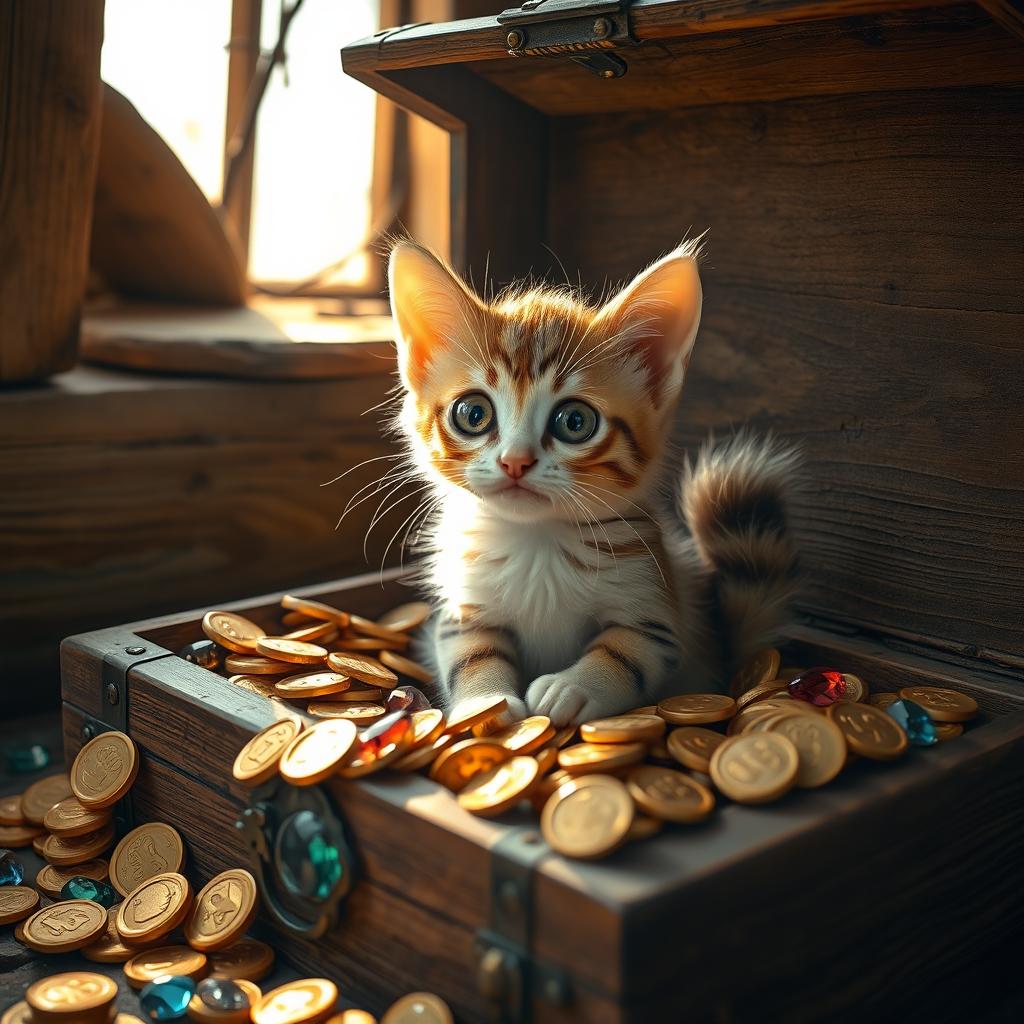 A curious, whimsical, wide-eyed kitten with a fluffy tail sitting inside an old rustic wooden treasure chest surrounded by sparkling gold coins and colorful gemstones