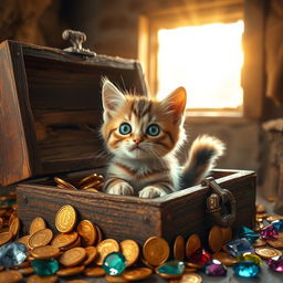 A curious, whimsical, wide-eyed kitten with a fluffy tail sitting inside an old rustic wooden treasure chest surrounded by sparkling gold coins and colorful gemstones