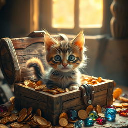 A curious, whimsical, wide-eyed kitten with a fluffy tail sitting inside an old rustic wooden treasure chest surrounded by sparkling gold coins and colorful gemstones