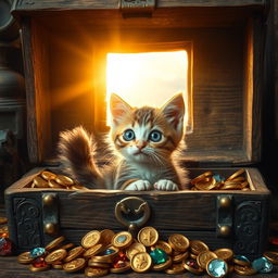 A curious, whimsical, wide-eyed kitten with a fluffy tail sitting inside an old rustic wooden treasure chest surrounded by sparkling gold coins and colorful gemstones