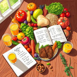 A colorful and inviting illustration of various healthy foods, including fresh fruits, vibrant vegetables, whole grains, and lean proteins, beautifully arranged on a rustic wooden table