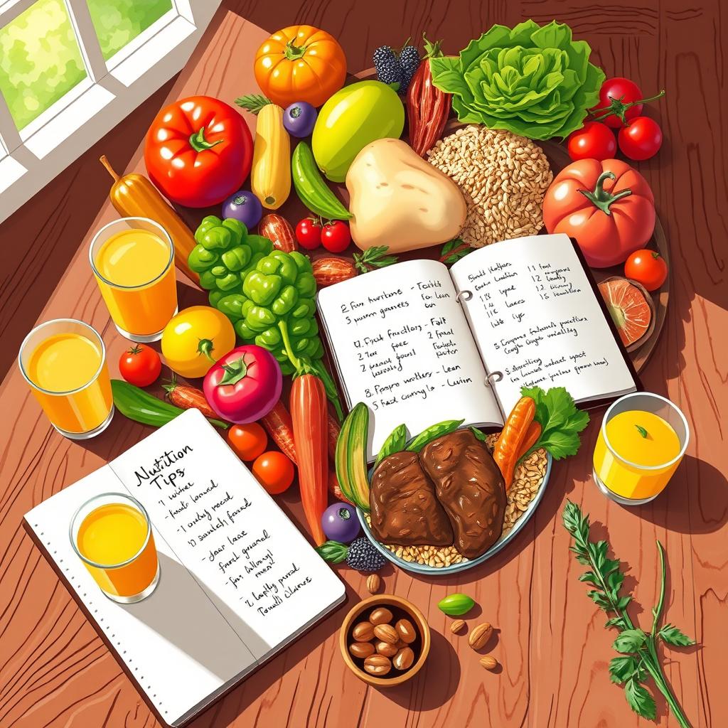 A colorful and inviting illustration of various healthy foods, including fresh fruits, vibrant vegetables, whole grains, and lean proteins, beautifully arranged on a rustic wooden table