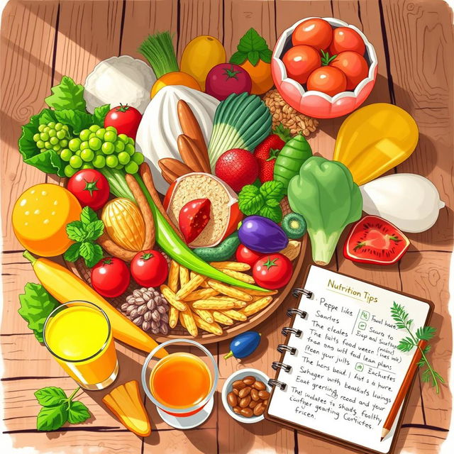 A colorful and inviting illustration of various healthy foods, including fresh fruits, vibrant vegetables, whole grains, and lean proteins, beautifully arranged on a rustic wooden table