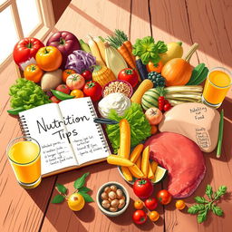 A colorful and inviting illustration of various healthy foods, including fresh fruits, vibrant vegetables, whole grains, and lean proteins, beautifully arranged on a rustic wooden table