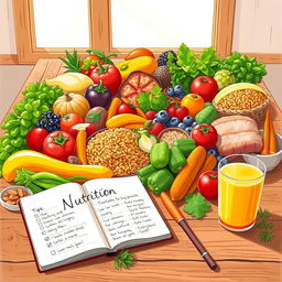 A colorful and inviting illustration of various healthy foods, including fresh fruits, vibrant vegetables, whole grains, and lean proteins, beautifully arranged on a rustic wooden table