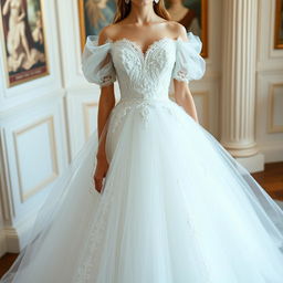 A long and stunning dress full of intricate details, featuring a heart-shaped bust and super delicate, off-the-shoulder puff sleeves