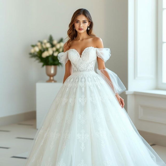 A long and stunning dress full of intricate details, featuring a heart-shaped bust and super delicate, off-the-shoulder puff sleeves