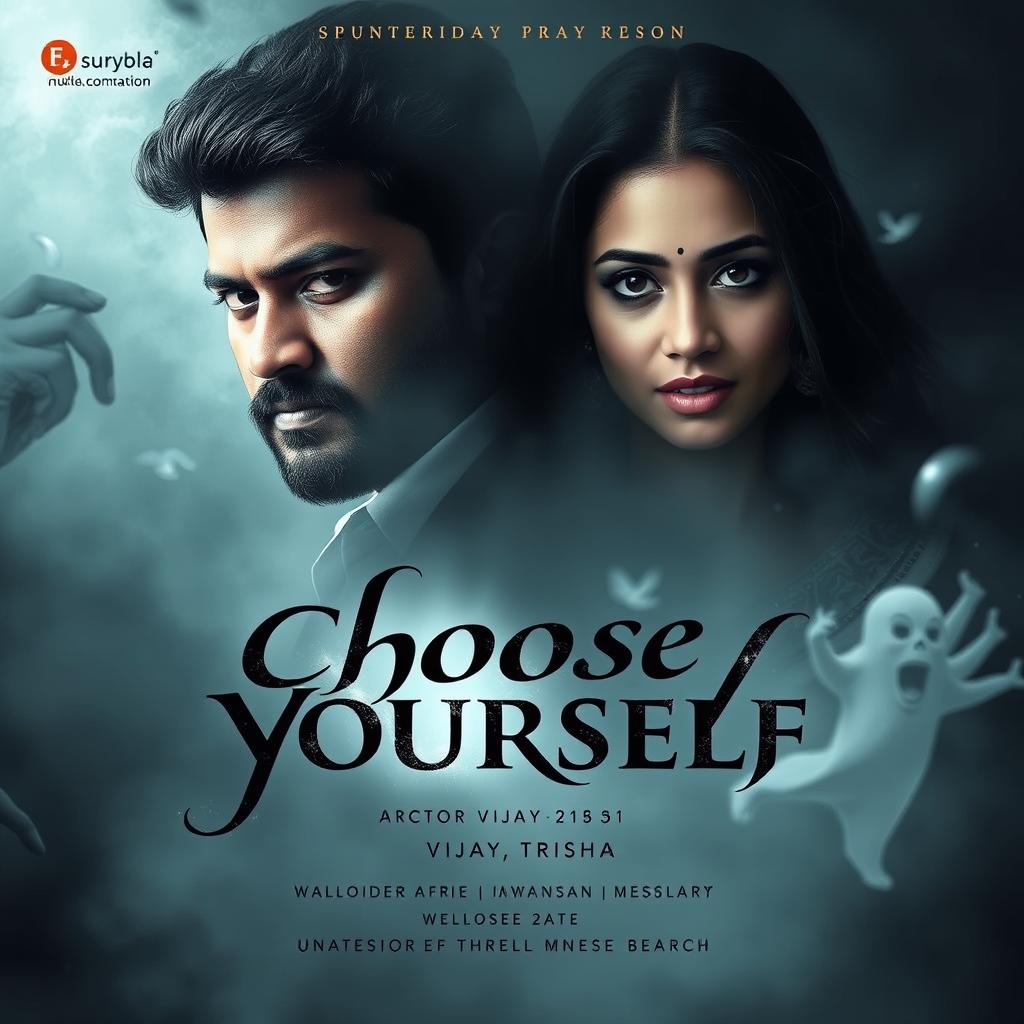 A ghost movie poster featuring a dramatic portrayal of actor Vijay and actress Trisha