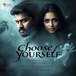 A ghost movie poster featuring a dramatic portrayal of actor Vijay and actress Trisha