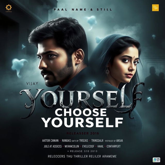 A ghost movie poster featuring a dramatic portrayal of actor Vijay and actress Trisha