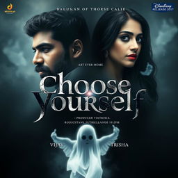 A ghost movie poster featuring a dramatic portrayal of actor Vijay and actress Trisha