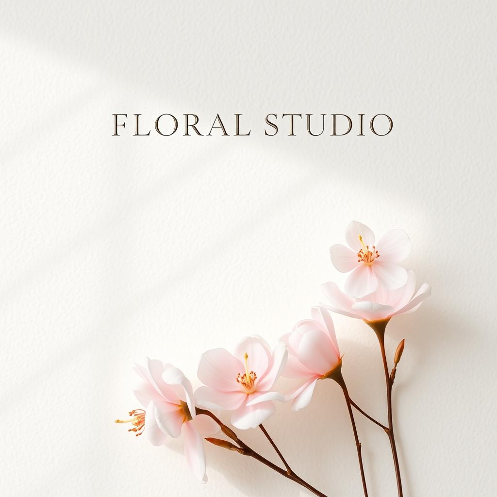 A minimalist floral studio promotional poster featuring elegant and delicate flowers in a soft, textured setting