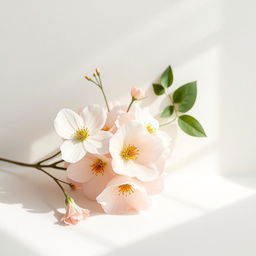 A minimalist floral studio promotional poster featuring elegant and delicate flowers in a soft, textured setting