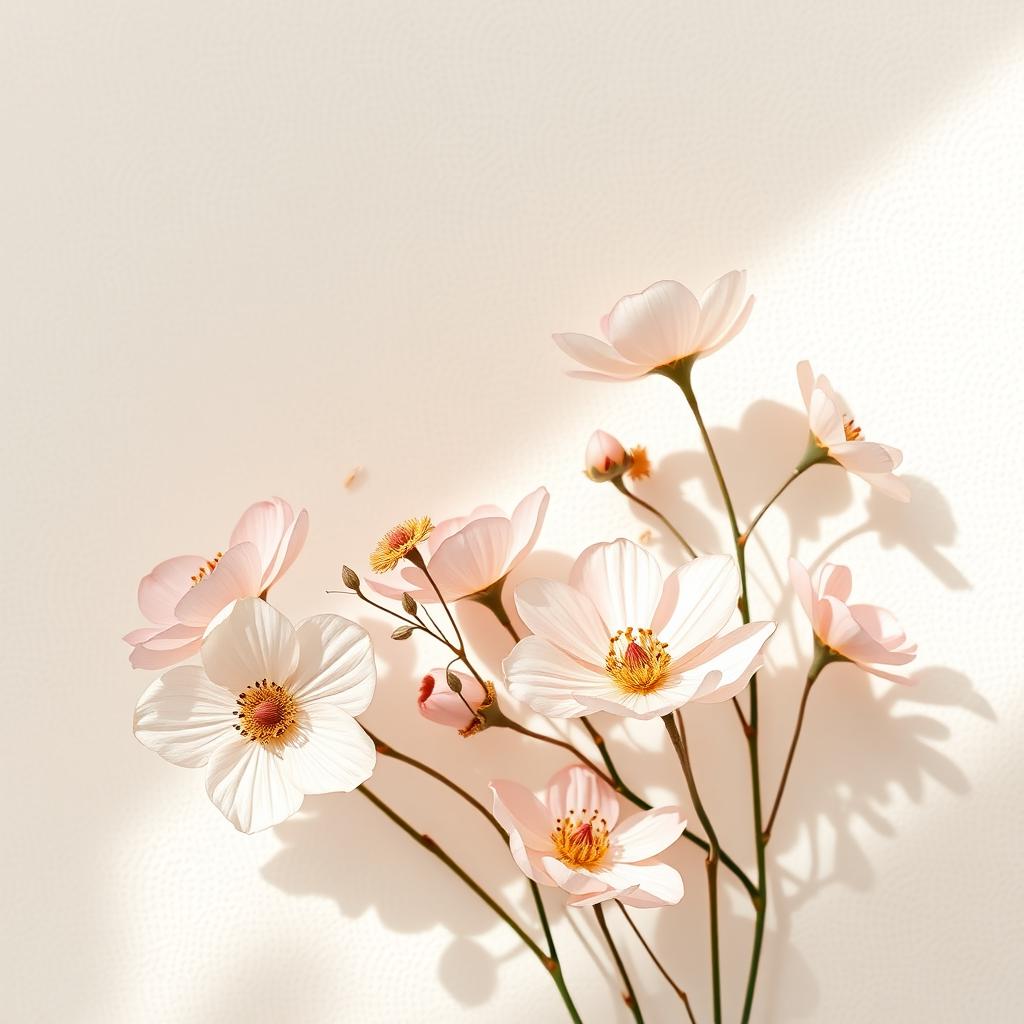 A minimalist floral studio promotional poster featuring elegant and delicate flowers in a soft, textured setting