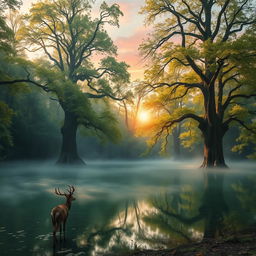 A mystical forest scene featuring a translucent lake surrounded by ancient, towering trees with vibrant green leaves