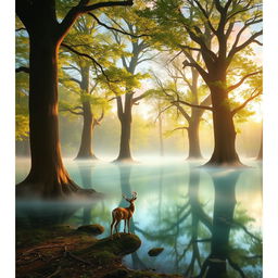 A mystical forest scene featuring a translucent lake surrounded by ancient, towering trees with vibrant green leaves