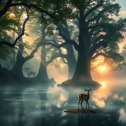 A mystical forest scene featuring a translucent lake surrounded by ancient, towering trees with vibrant green leaves