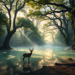 A mystical forest scene featuring a translucent lake surrounded by ancient, towering trees with vibrant green leaves