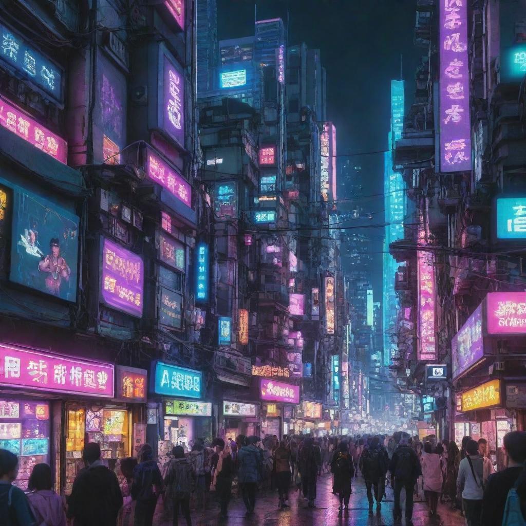 Futuristic cyberpunk cityscape bristling with neon lights, crowded dwellings stacked high, with anime-style characters in futuristic clothes dotted along the streets.