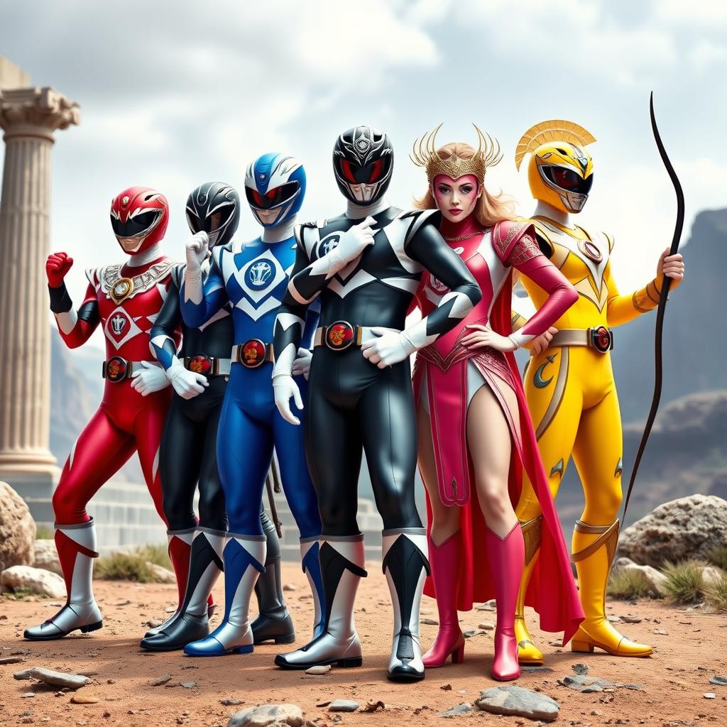 A team of five Power Rangers with costumes inspired by Greek mythology, each representing a Greek god