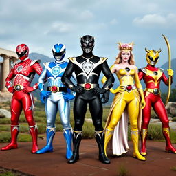 A team of five Power Rangers with costumes inspired by Greek mythology, each representing a Greek god