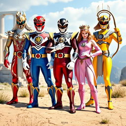 A team of five Power Rangers with costumes inspired by Greek mythology, each representing a Greek god