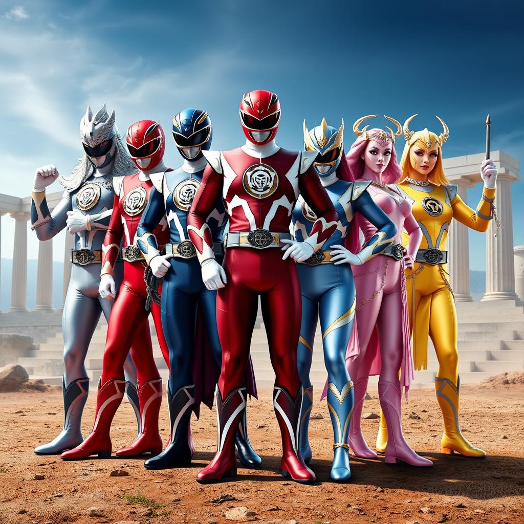 A team of five Power Rangers with costumes inspired by Greek mythology, each representing a Greek god