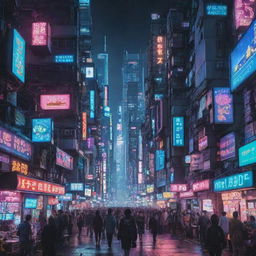 Futuristic cyberpunk cityscape bristling with neon lights, crowded dwellings stacked high, with anime-style characters in futuristic clothes dotted along the streets.