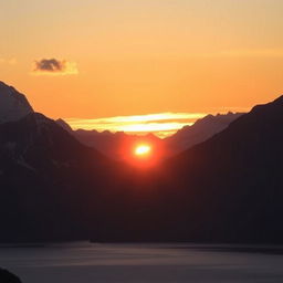 A serene mountain landscape, adorned with a breathtaking sunset in the background