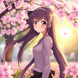 a beautiful anime girl with long flowing hair, wearing a stylish outfit, standing in a serene cherry blossom garden, with a gentle breeze making the petals dance around her