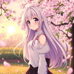 a beautiful anime girl with long flowing hair, wearing a stylish outfit, standing in a serene cherry blossom garden, with a gentle breeze making the petals dance around her