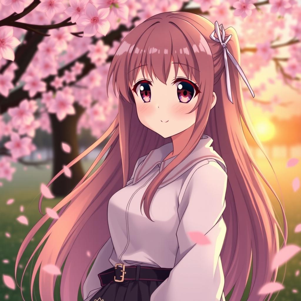 a beautiful anime girl with long flowing hair, wearing a stylish outfit, standing in a serene cherry blossom garden, with a gentle breeze making the petals dance around her