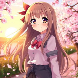 a beautiful anime girl with long flowing hair, wearing a stylish outfit, standing in a serene cherry blossom garden, with a gentle breeze making the petals dance around her