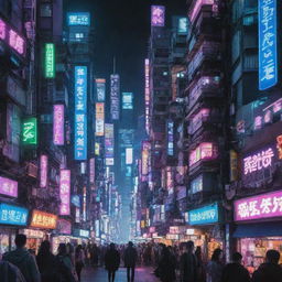 Futuristic cyberpunk cityscape bristling with neon lights, crowded dwellings stacked high, with anime-style characters in futuristic clothes dotted along the streets.