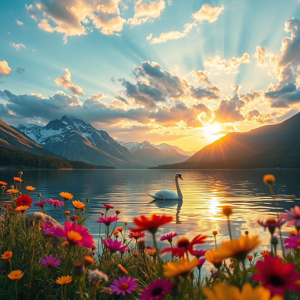 a dreamy landscape with mountains and a serene lake reflecting the clouds, an elegant swan gracefully gliding across the water, surrounded by vibrant wildflowers, under a golden sunset with warm hues