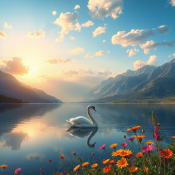 a dreamy landscape with mountains and a serene lake reflecting the clouds, an elegant swan gracefully gliding across the water, surrounded by vibrant wildflowers, under a golden sunset with warm hues