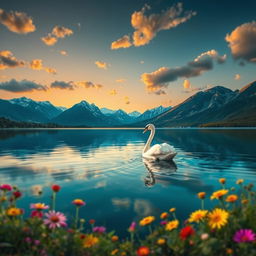 a dreamy landscape with mountains and a serene lake reflecting the clouds, an elegant swan gracefully gliding across the water, surrounded by vibrant wildflowers, under a golden sunset with warm hues