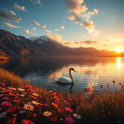 a dreamy landscape with mountains and a serene lake reflecting the clouds, an elegant swan gracefully gliding across the water, surrounded by vibrant wildflowers, under a golden sunset with warm hues