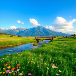 A serene landscape featuring a lush green meadow with vibrant wildflowers scattered across it