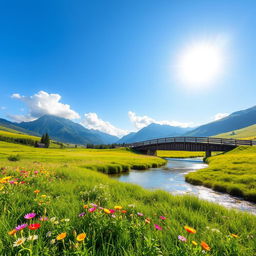 A serene landscape featuring a lush green meadow with vibrant wildflowers scattered across it