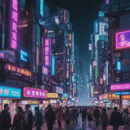 Futuristic cyberpunk cityscape bristling with neon lights, crowded dwellings stacked high, with anime-style characters in futuristic clothes dotted along the streets.